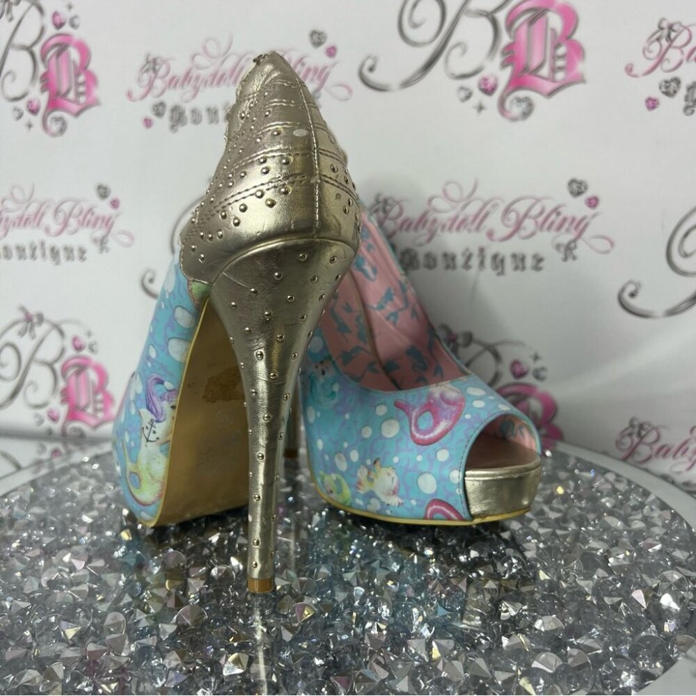 Iron Fist Lollipop Lorelei Peep Toe Platform mermaid Gold Blue Heels shoes - Picture 4 of 9